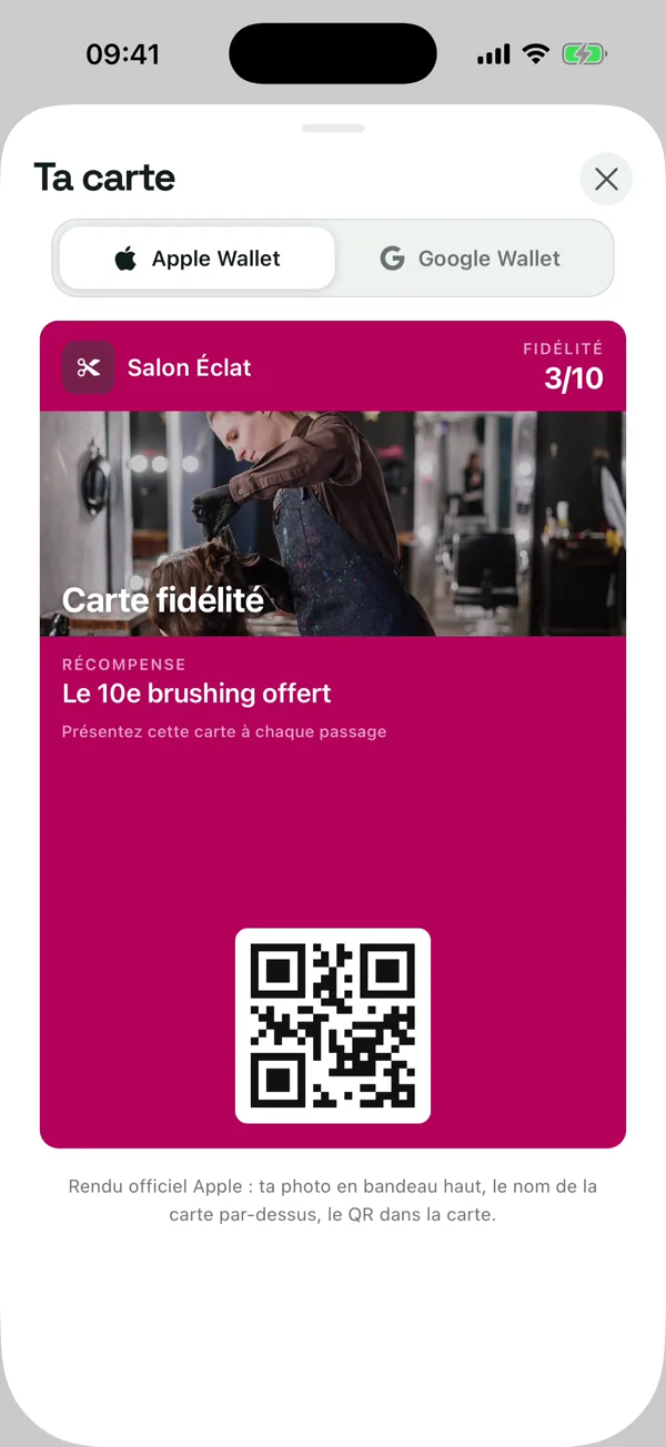 Carte de fidélité au format Apple Wallet : logo, compteur 3 sur 10, photo en bannière, récompense et QR code