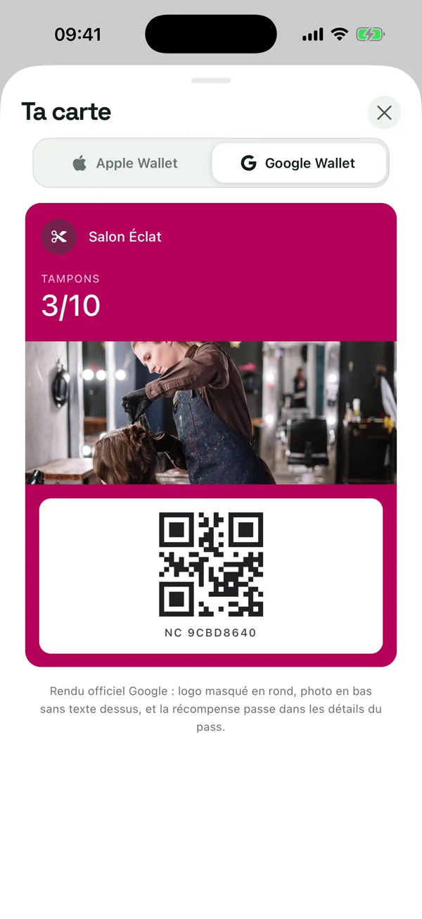 Carte de fidélité au format Google Wallet : logo rond, compteur de tampons 3 sur 10, photo et QR code